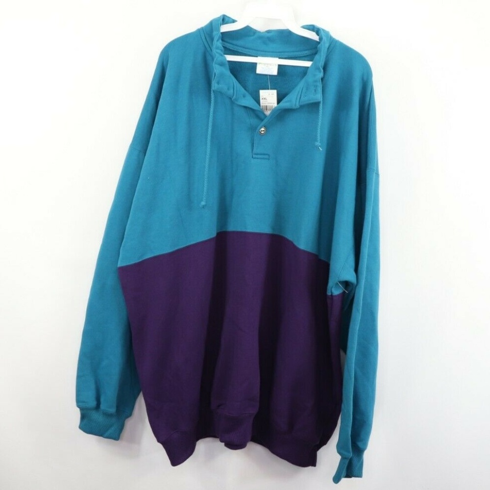New Vintage Color Block Henley Sweater Teal 2XL